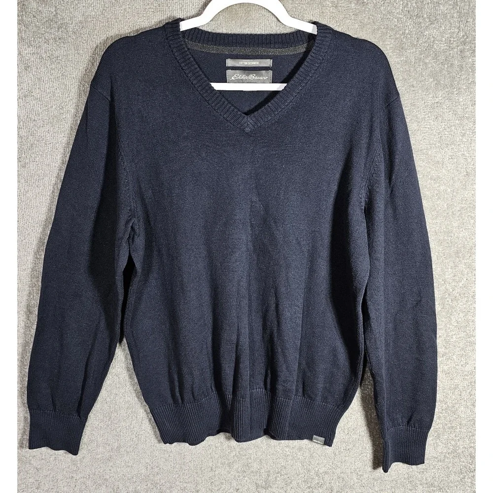Eddie Bauer Cotton Cashmere Knit Sweater Mens Size Medium Navy Blue V-Neck‎